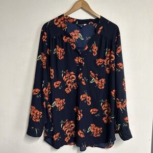 Modcloth Women's 3X Sheer Popover‎ Floral Blouse 1/4 Button Roll Tab Cottagecore